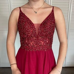 Red Beaded Gown with Sequin V Neck